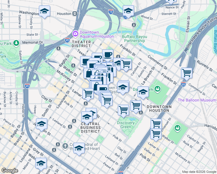 map of restaurants, bars, coffee shops, grocery stores, and more near in Houston