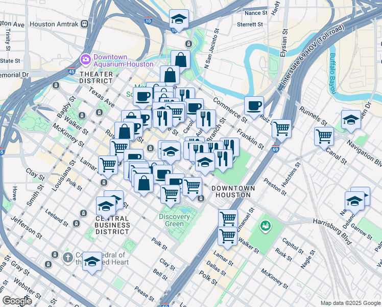 map of restaurants, bars, coffee shops, grocery stores, and more near 1475 Texas Street in Houston
