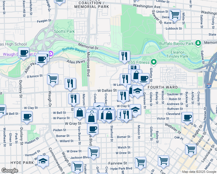 map of restaurants, bars, coffee shops, grocery stores, and more near 2210 West Dallas Street in Houston