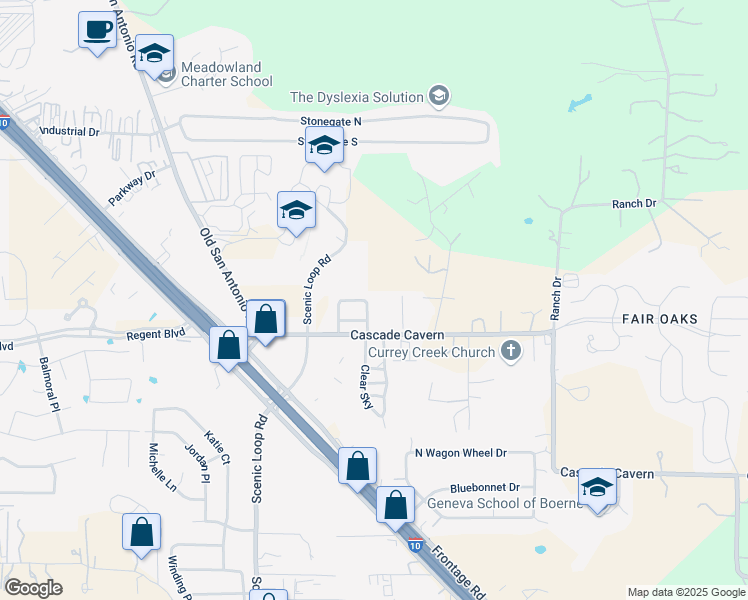map of restaurants, bars, coffee shops, grocery stores, and more near 184 Jolie Circle in Boerne