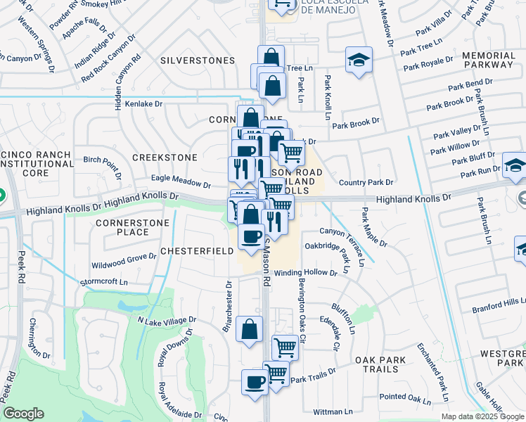 map of restaurants, bars, coffee shops, grocery stores, and more near 1621 South Mason Road in Katy