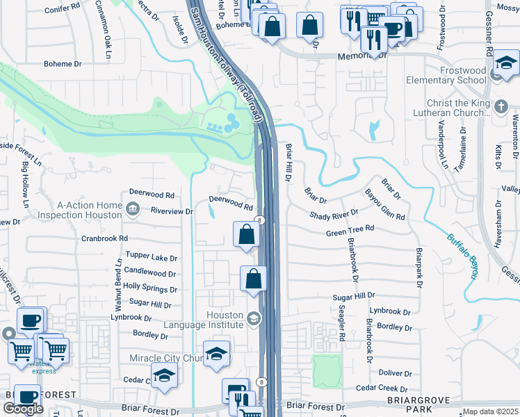 map of restaurants, bars, coffee shops, grocery stores, and more near Texas 8 Beltway & Deerwood Rd in Houston
