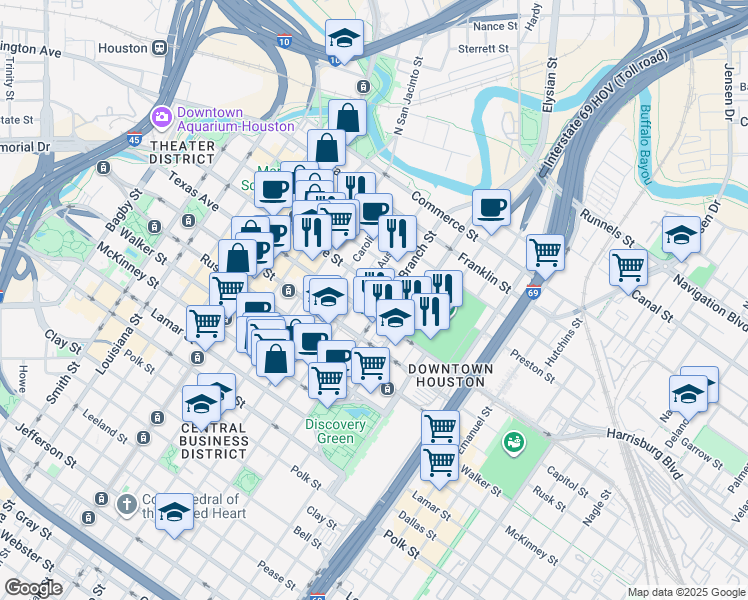 map of restaurants, bars, coffee shops, grocery stores, and more near 1701 Prairie Street in Houston