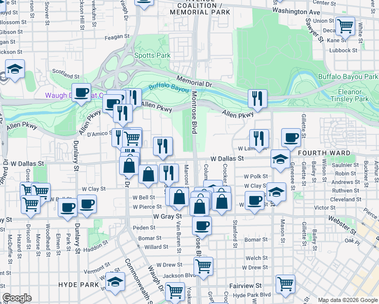 map of restaurants, bars, coffee shops, grocery stores, and more near 816 Montrose Boulevard in Houston