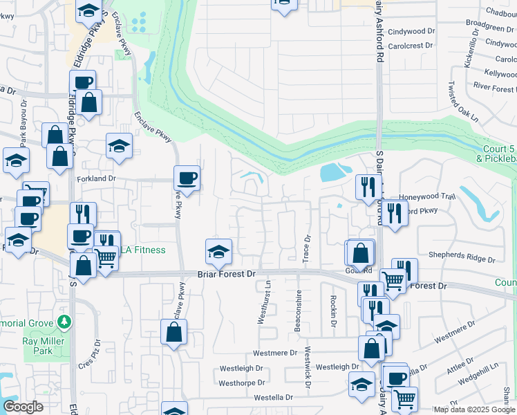 map of restaurants, bars, coffee shops, grocery stores, and more near 12806 Kingsbridge Lane in Houston