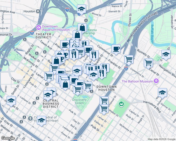 map of restaurants, bars, coffee shops, grocery stores, and more near 1475 Texas Avenue in Houston