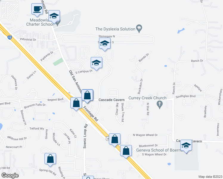 map of restaurants, bars, coffee shops, grocery stores, and more near 153 Jolie Circle in Boerne