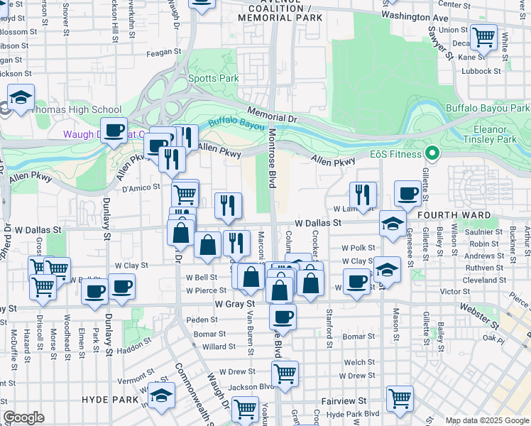 map of restaurants, bars, coffee shops, grocery stores, and more near 2400 West Dallas Street in Houston