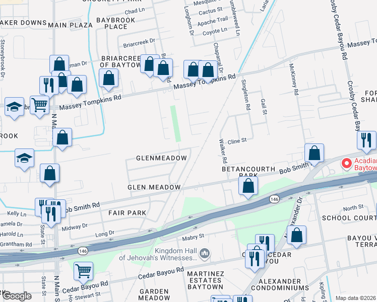 map of restaurants, bars, coffee shops, grocery stores, and more near 904 Northbend Drive in Baytown