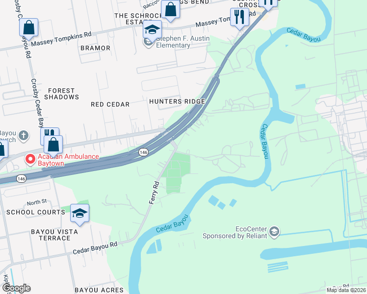 map of restaurants, bars, coffee shops, grocery stores, and more near 3110 Ferry Road in Baytown