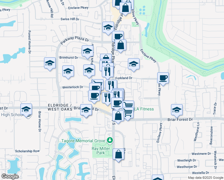 map of restaurants, bars, coffee shops, grocery stores, and more near 1490 Eldridge Pkwy in Houston