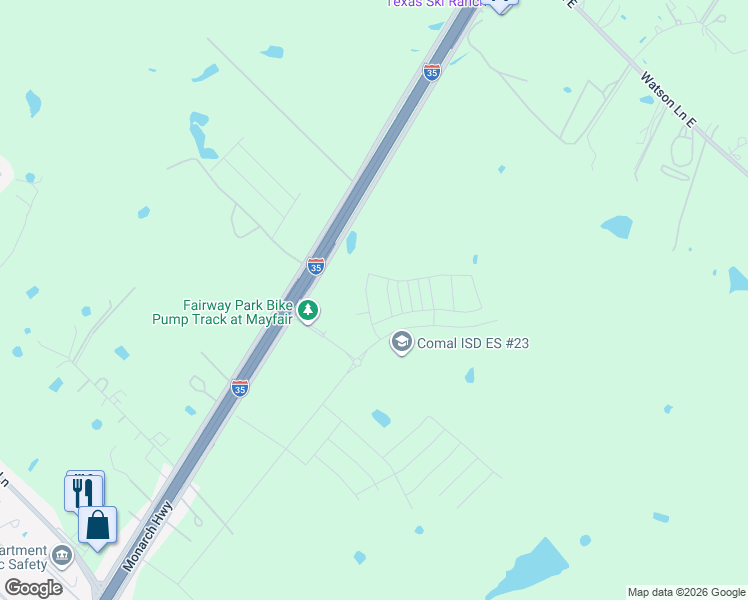 map of restaurants, bars, coffee shops, grocery stores, and more near North Interstate 35 Frontage Road in New Braunfels