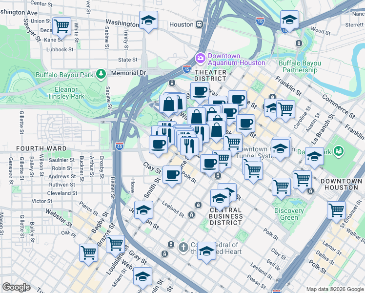 map of restaurants, bars, coffee shops, grocery stores, and more near in Houston