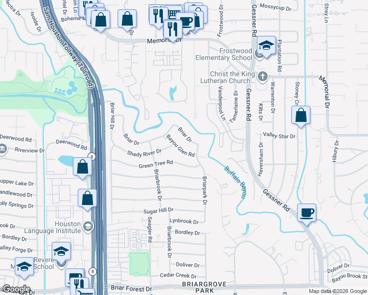 map of restaurants, bars, coffee shops, grocery stores, and more near 10015 Briar Drive in Houston