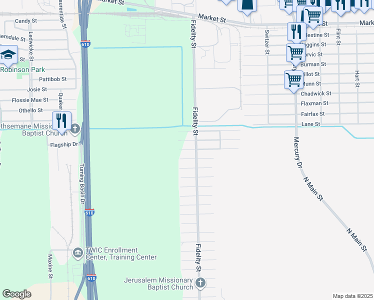map of restaurants, bars, coffee shops, grocery stores, and more near 3603 Fidelity Street in Houston