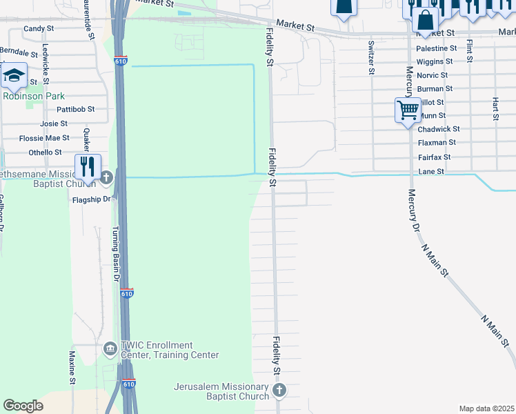 map of restaurants, bars, coffee shops, grocery stores, and more near 9720 Fillmore Street in Houston