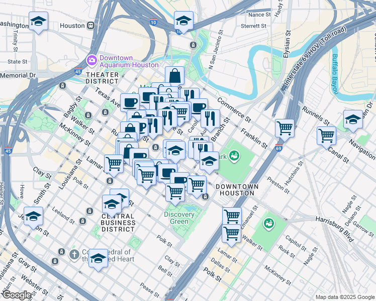 map of restaurants, bars, coffee shops, grocery stores, and more near in Houston