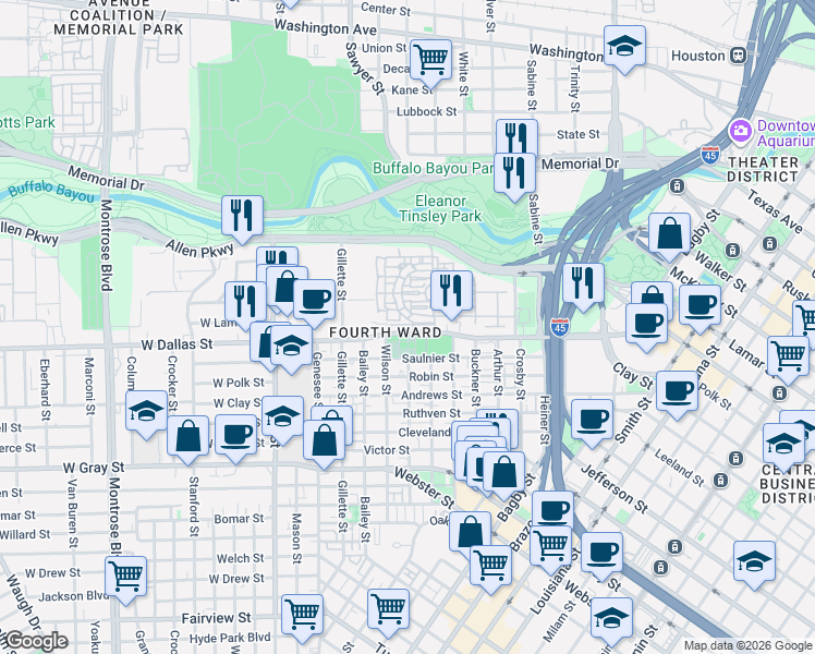 map of restaurants, bars, coffee shops, grocery stores, and more near 1309 Bluebonnet Place Circle in Houston