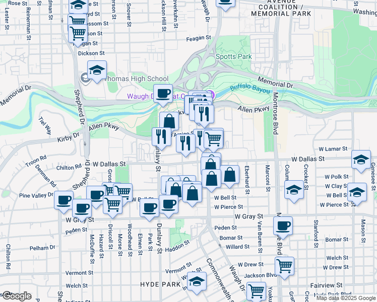 map of restaurants, bars, coffee shops, grocery stores, and more near 3221 Leonidas Street in Houston