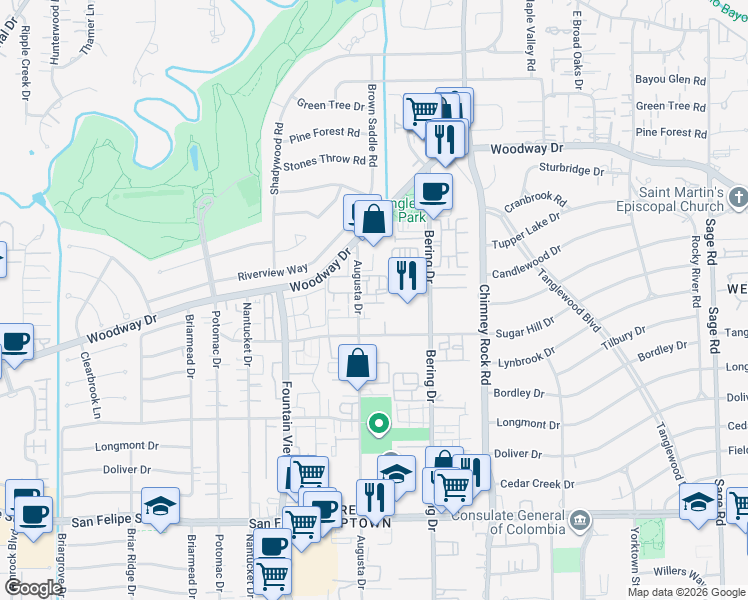 map of restaurants, bars, coffee shops, grocery stores, and more near Augusta Drive in Houston