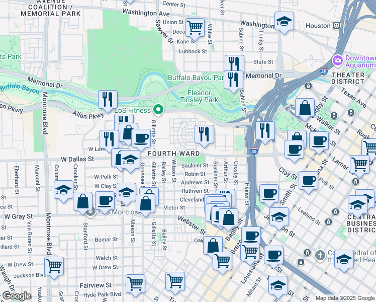 map of restaurants, bars, coffee shops, grocery stores, and more near 1234 West Dallas Street in Houston