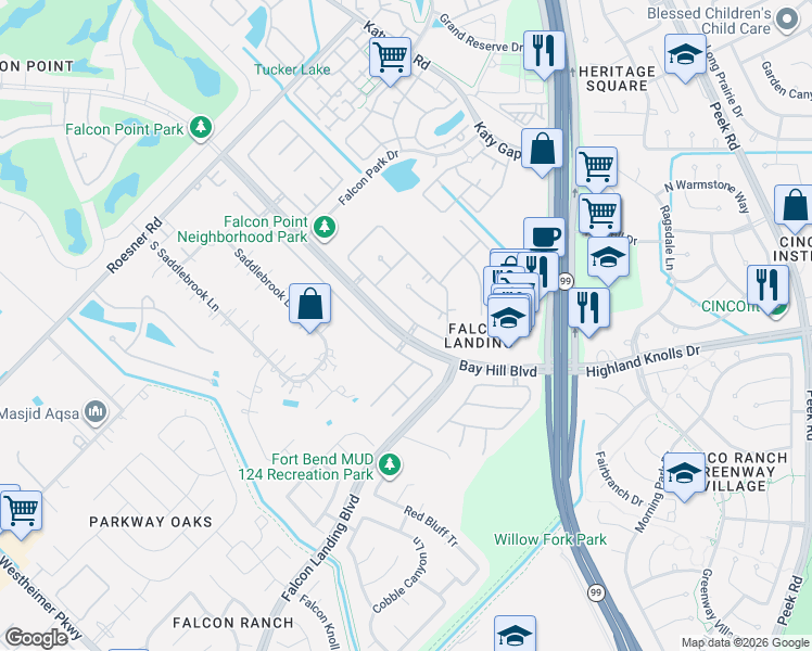 map of restaurants, bars, coffee shops, grocery stores, and more near 23710 Hackberry Drive in Katy