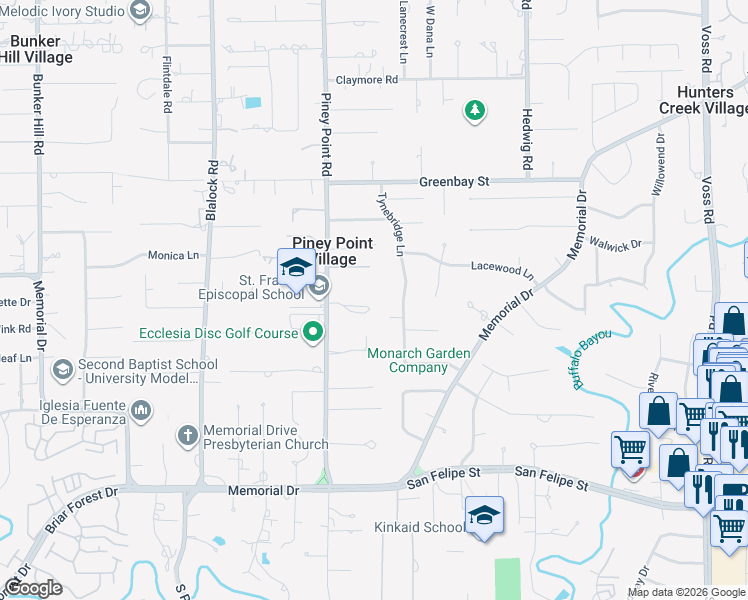 map of restaurants, bars, coffee shops, grocery stores, and more near 2 Carsey Lane in Houston