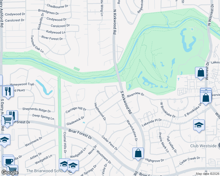 map of restaurants, bars, coffee shops, grocery stores, and more near 11838 Castle Ridge Drive in Houston