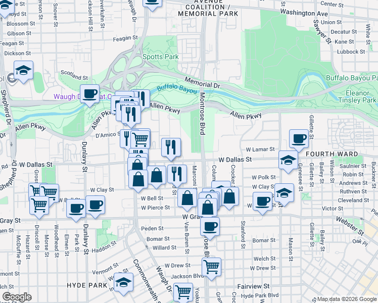 map of restaurants, bars, coffee shops, grocery stores, and more near 2600-2792 W Mc Kinney St in Houston
