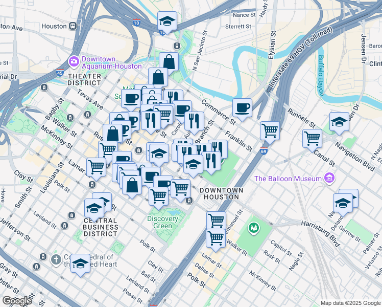 map of restaurants, bars, coffee shops, grocery stores, and more near 500 Crawford Street in Houston