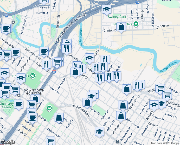 map of restaurants, bars, coffee shops, grocery stores, and more near 2424 Navigation Boulevard in Houston