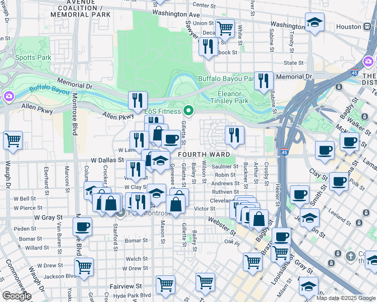 map of restaurants, bars, coffee shops, grocery stores, and more near 904 Bailey Street in Houston