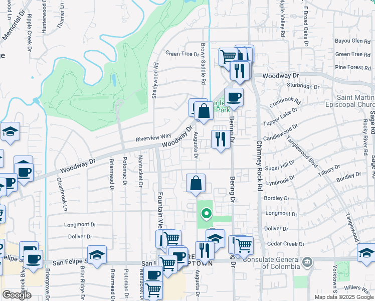 map of restaurants, bars, coffee shops, grocery stores, and more near 5978 Woodway Place Court in Houston