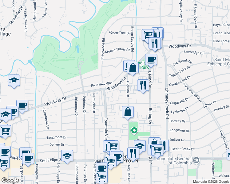 map of restaurants, bars, coffee shops, grocery stores, and more near 5978 Woodway Place Court in Houston