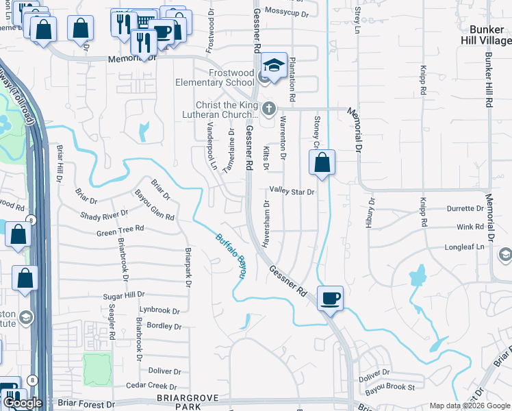 map of restaurants, bars, coffee shops, grocery stores, and more near 167 Haversham Drive in Houston
