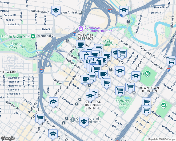 map of restaurants, bars, coffee shops, grocery stores, and more near 811 Walker Street in Houston