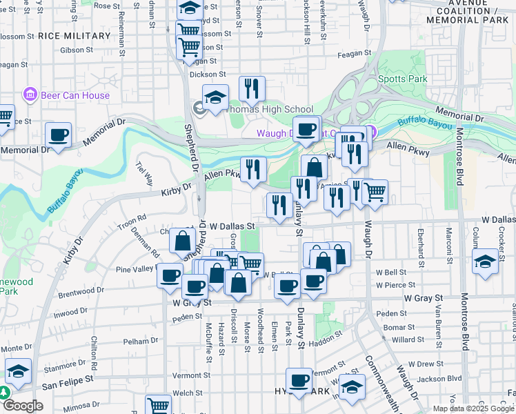map of restaurants, bars, coffee shops, grocery stores, and more near 811 Buffalo Park Drive in Houston