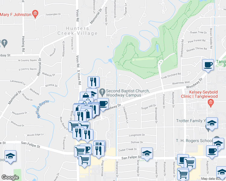 map of restaurants, bars, coffee shops, grocery stores, and more near 6302 Crab Orchard Road in Houston