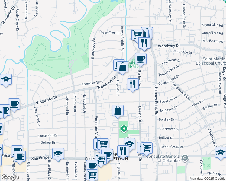map of restaurants, bars, coffee shops, grocery stores, and more near 642 Augusta Drive in Houston