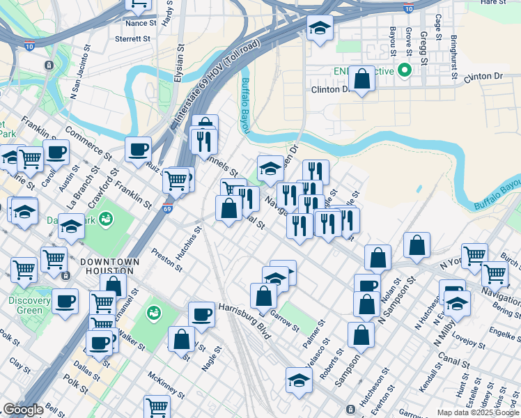 map of restaurants, bars, coffee shops, grocery stores, and more near 2311 Canal Street in Houston