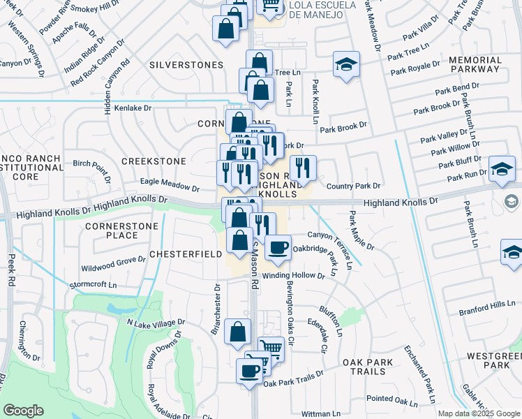 map of restaurants, bars, coffee shops, grocery stores, and more near 1621 South Mason Road in Katy