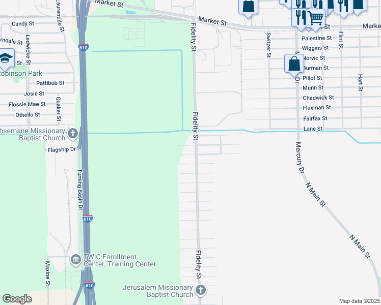 map of restaurants, bars, coffee shops, grocery stores, and more near 3603 Fidelity Street in Houston