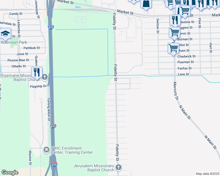map of restaurants, bars, coffee shops, grocery stores, and more near 3603 Fidelity Street in Houston