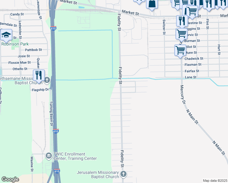 map of restaurants, bars, coffee shops, grocery stores, and more near 9720 Fillmore Street in Houston