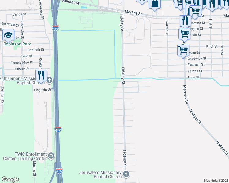 map of restaurants, bars, coffee shops, grocery stores, and more near 9720 Fillmore Street in Houston