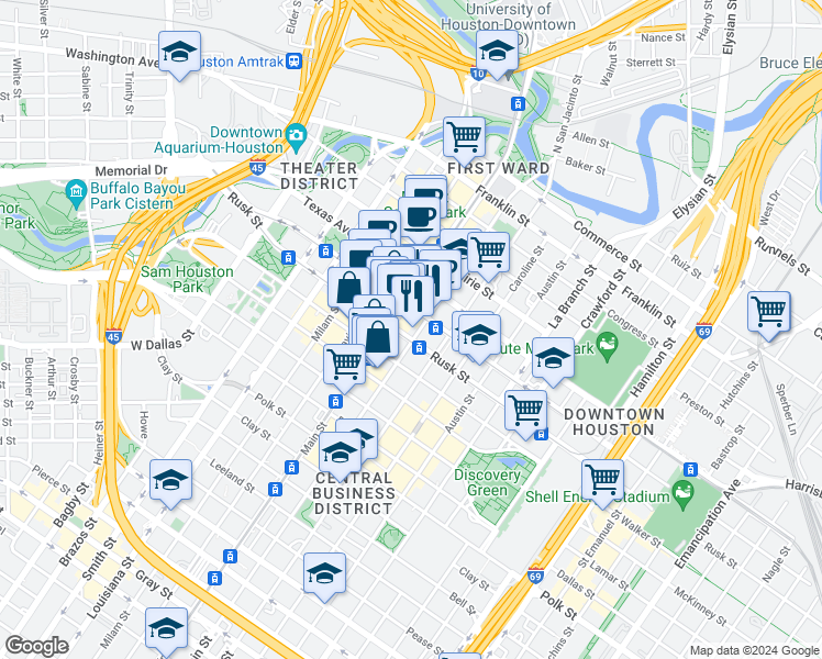 map of restaurants, bars, coffee shops, grocery stores, and more near in Houston