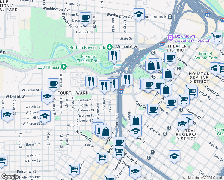 map of restaurants, bars, coffee shops, grocery stores, and more near 820 Crosby Street in Houston