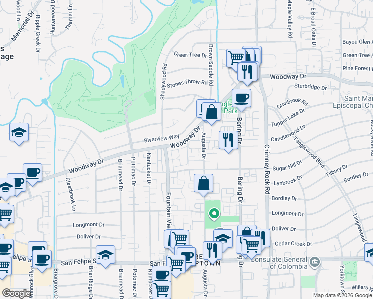 map of restaurants, bars, coffee shops, grocery stores, and more near 5978 Woodway Place Court in Houston