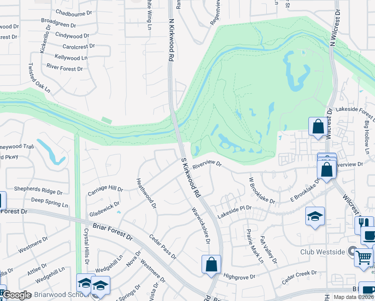 map of restaurants, bars, coffee shops, grocery stores, and more near 11814 Castle Ridge Drive in Houston