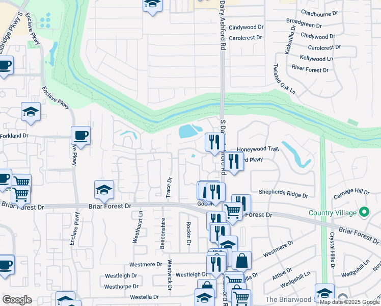 map of restaurants, bars, coffee shops, grocery stores, and more near 12623 Briar Patch Drive in Houston